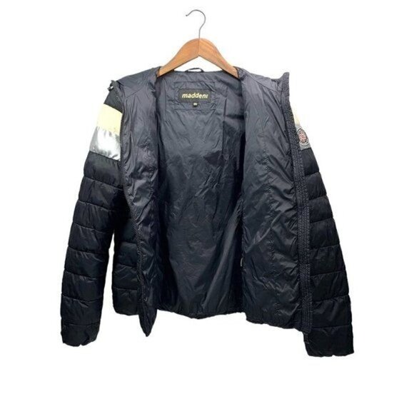 Steve Madden Striped Hip Length Puffer Jacket - Black/White, Size Medium Juniors - Picture 10 of 10